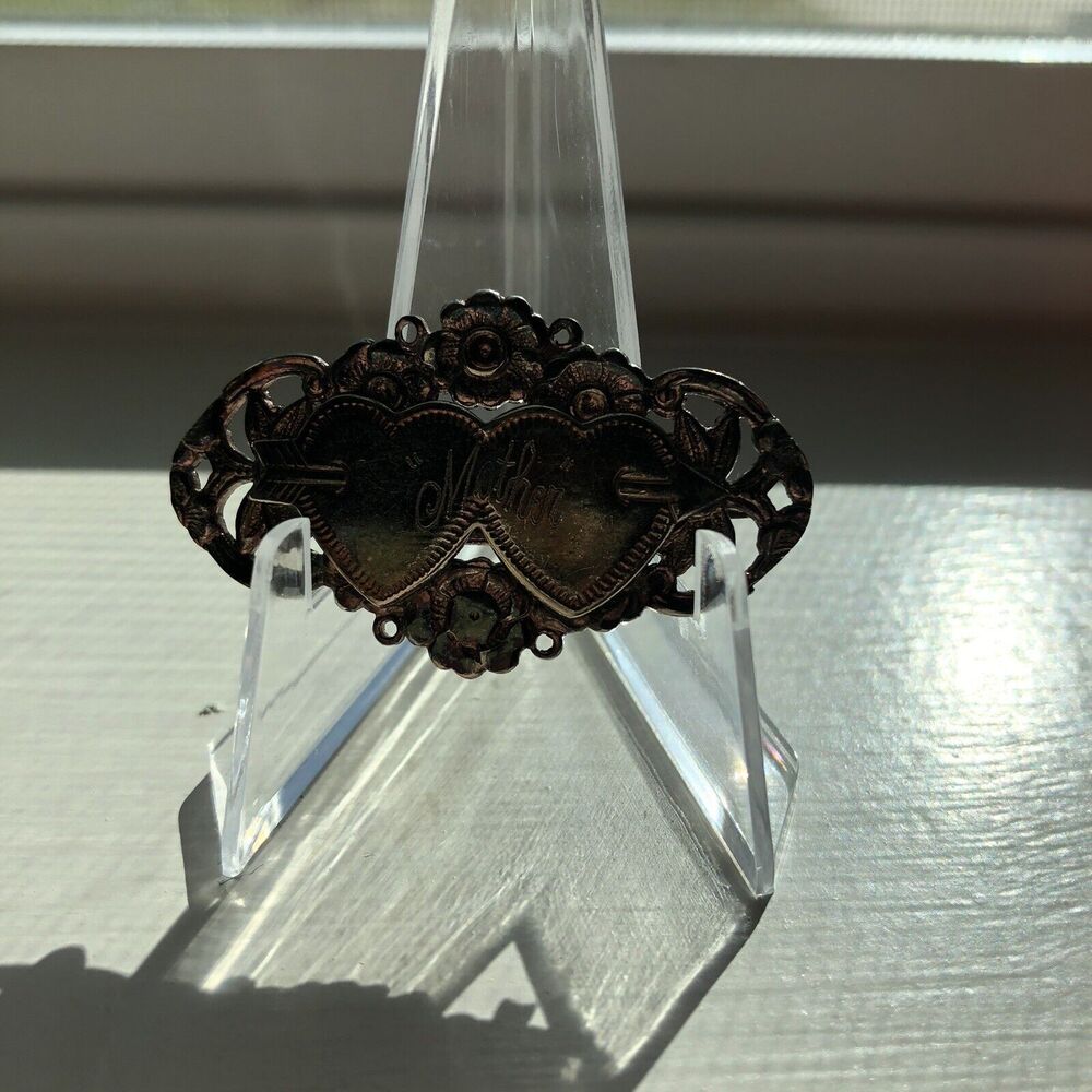 Vtg Bronze Tone Filigree Double Heart Monogram Mother w/ Etch Flowers Brooch Pin